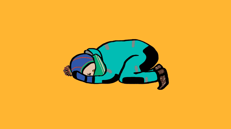 Illustrasjon som viser et samisk barn som er lei seg og som ligger sammenkrøket med hendene foran ansiktet.