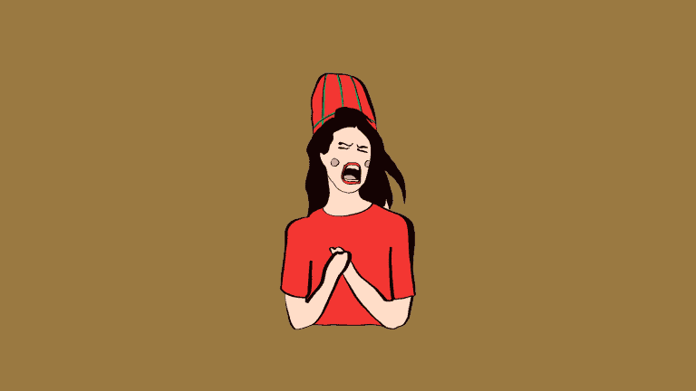 Illustrasjon av en ung samisk kvinne med en samisk lue på hodet, som skriker ut i sint frustrasjon.