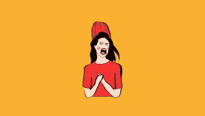 Illustrasjon av en ung samisk kvinne med en samisk lue på hodet, som skriker ut i sint frustrasjon.